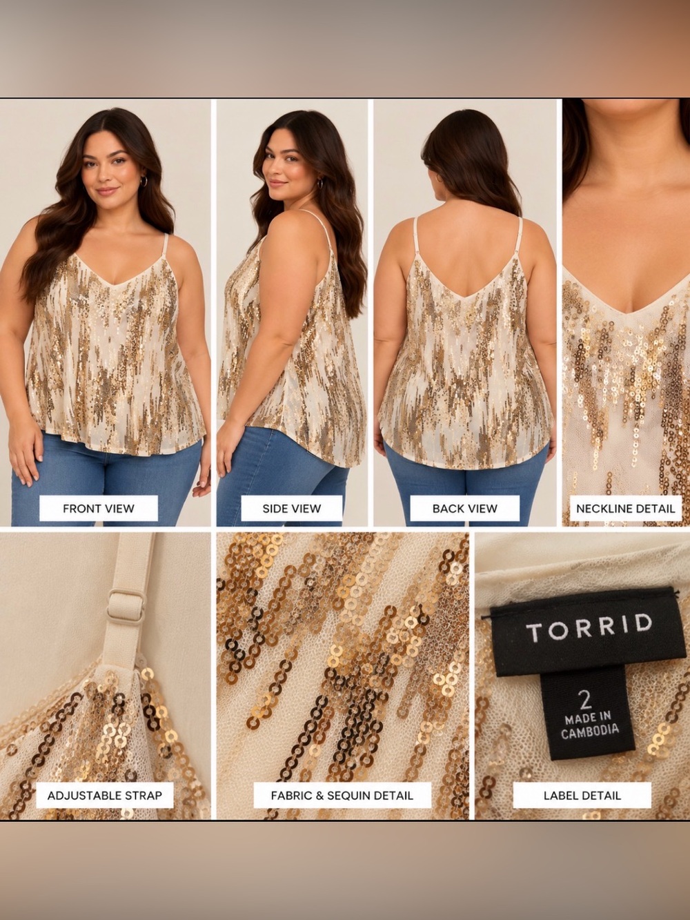 torrid Cream Cami with Gold Sequin Design